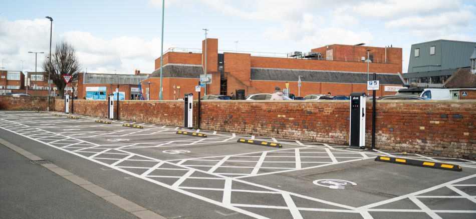 Two electric vehicle charging units in the town-centre car park