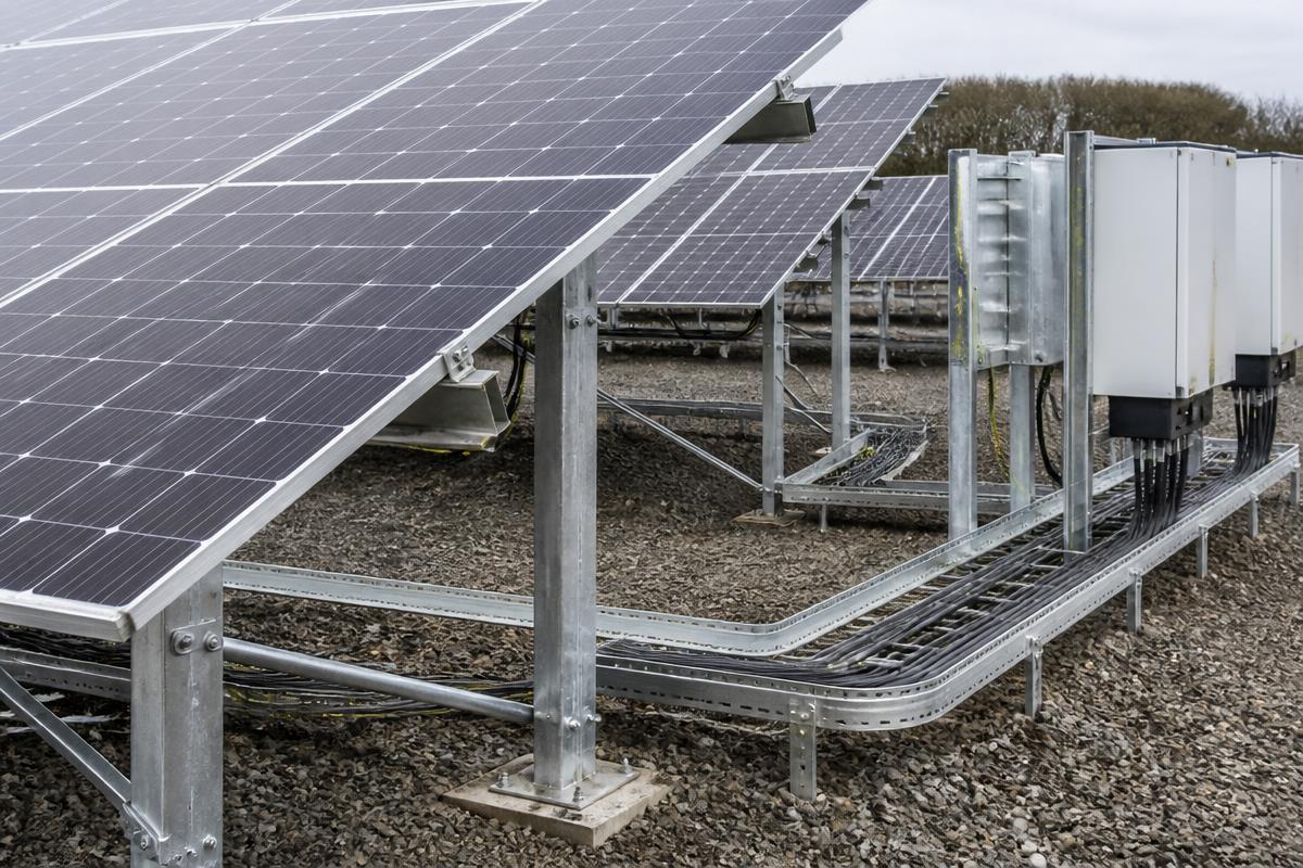 Solar panel ground-mount frames with inverters, cable containment and DC cabling